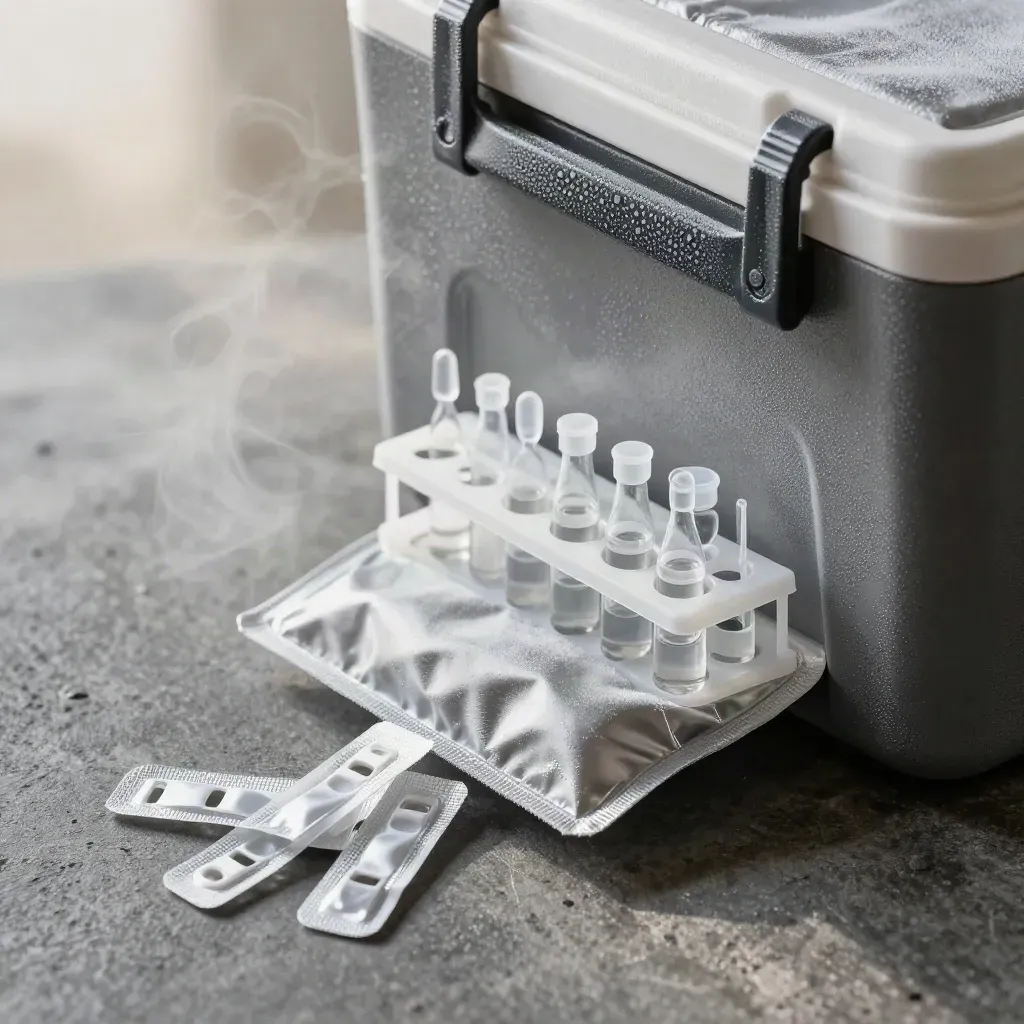Macro still life of a pharmaceutical courier cooler, vials, gel pack, and seal clips on concrete.