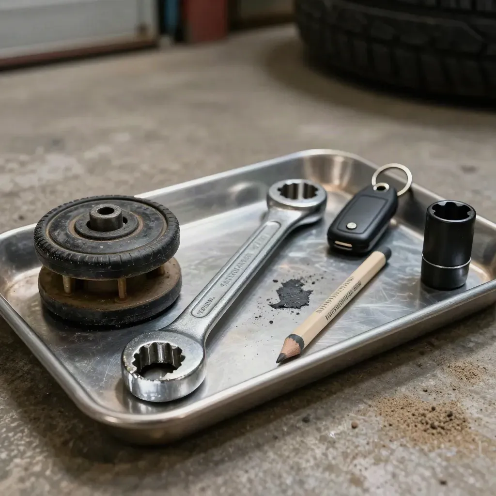Wheel chock, torque wrench, grease pencil and key fob on brushed steel in a dusty garage.