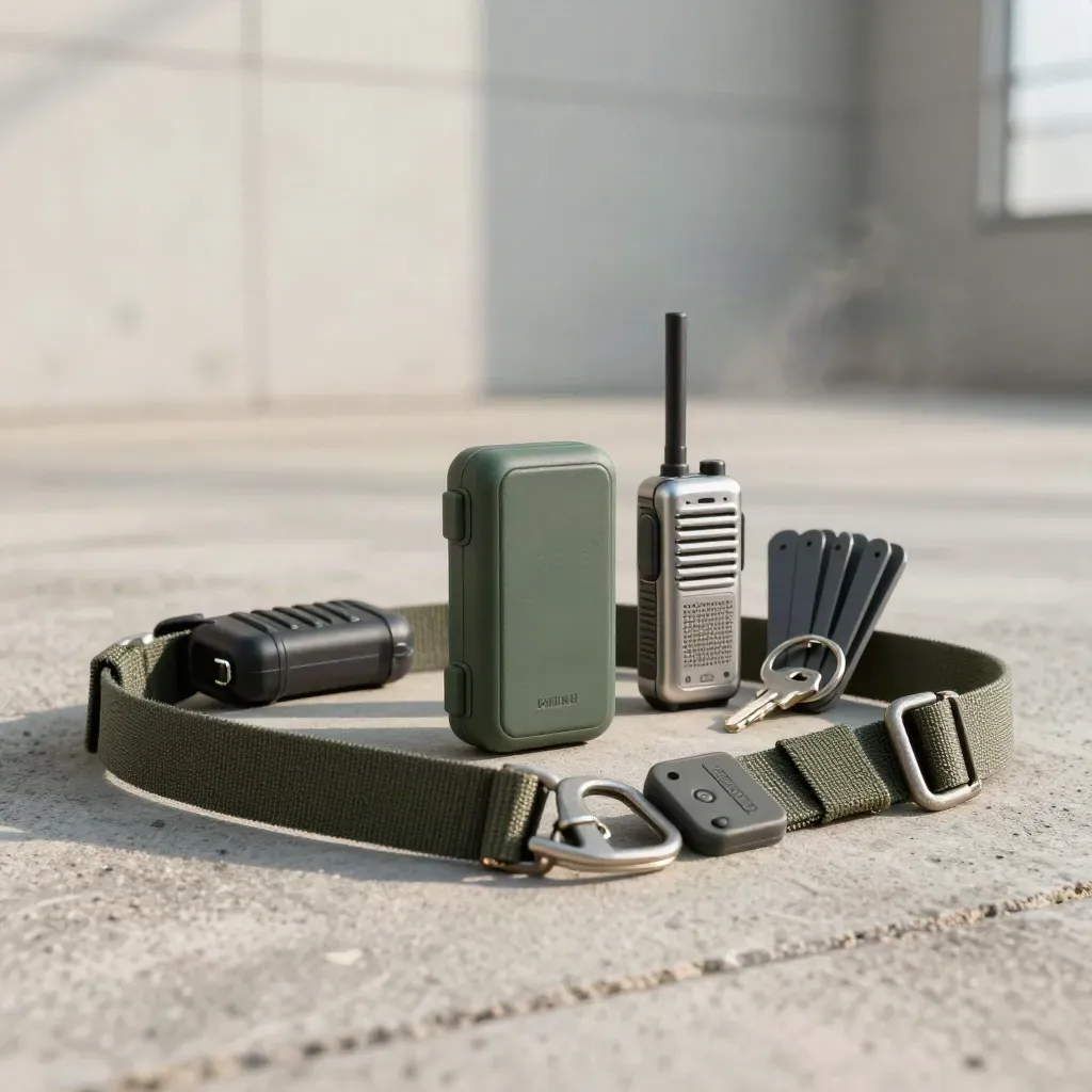 Dispatch kit with GPS puck, radio, key ring, stop markers and strap hardware on concrete at dawn.