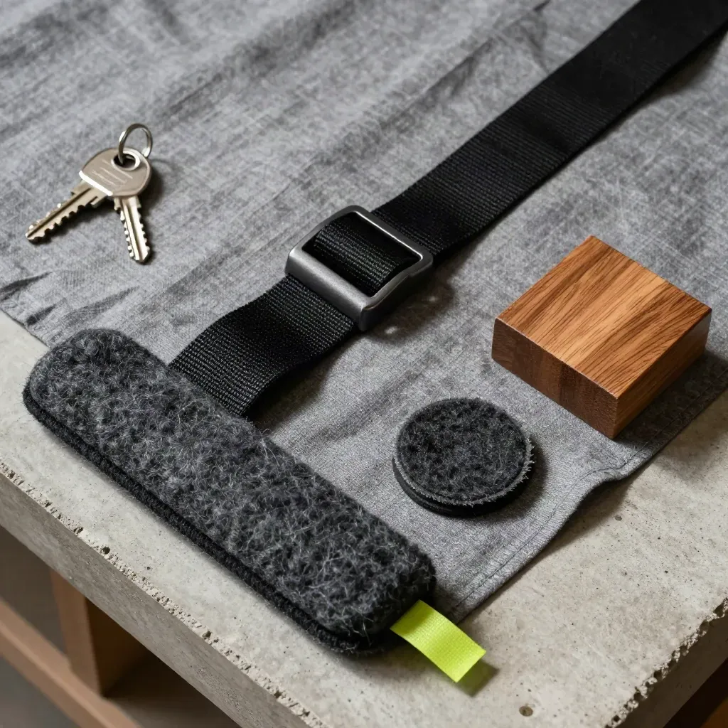Macro flat lay of furniture protection tools: felt guards, strap buckle, sliders, and wood sample.