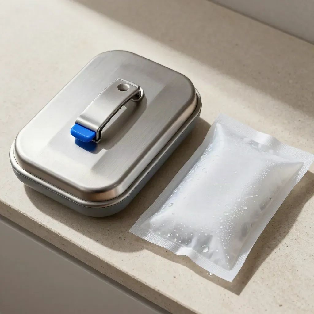 Overhead cold-chain catering kit with aluminum lid, latch, gasket, and ice pack on pale stone.