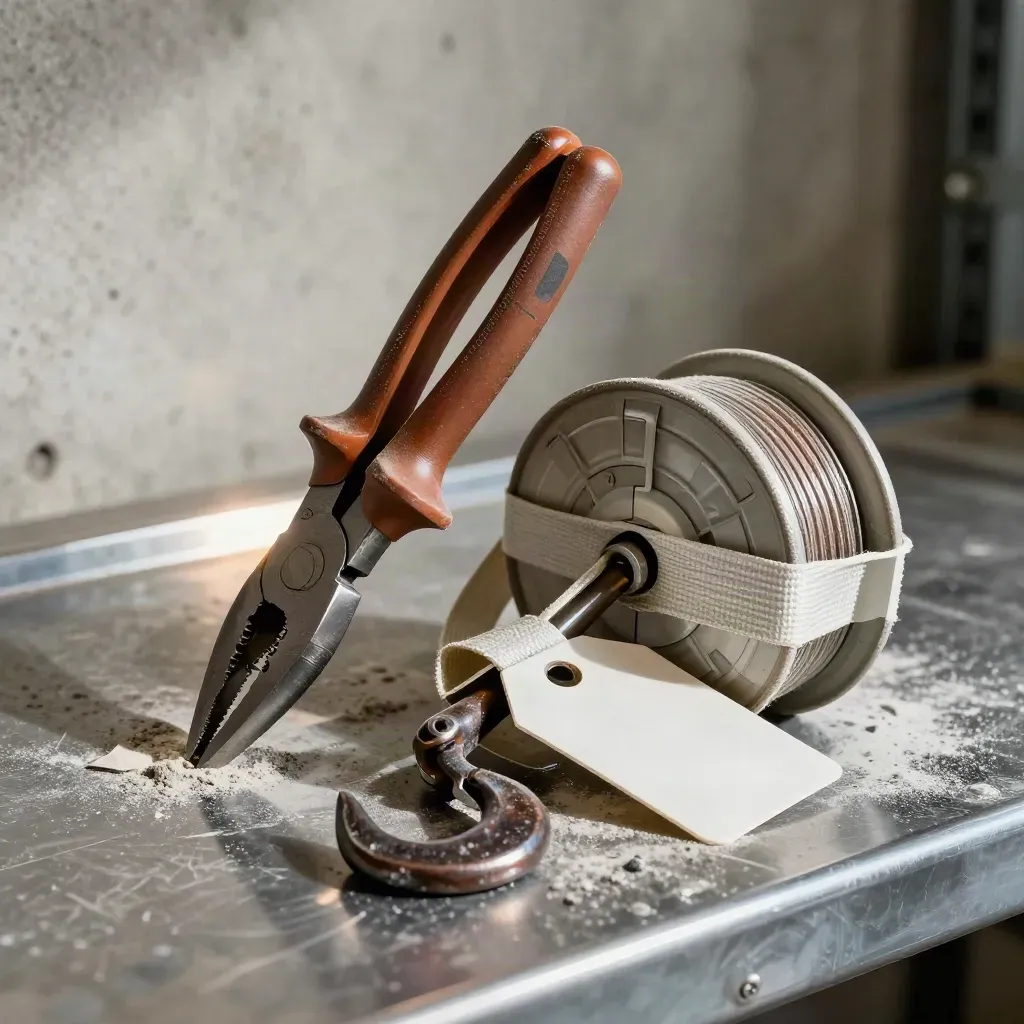 Macro still life of cargo seal pliers, strap reel, dock hook and blank load tag on steel.