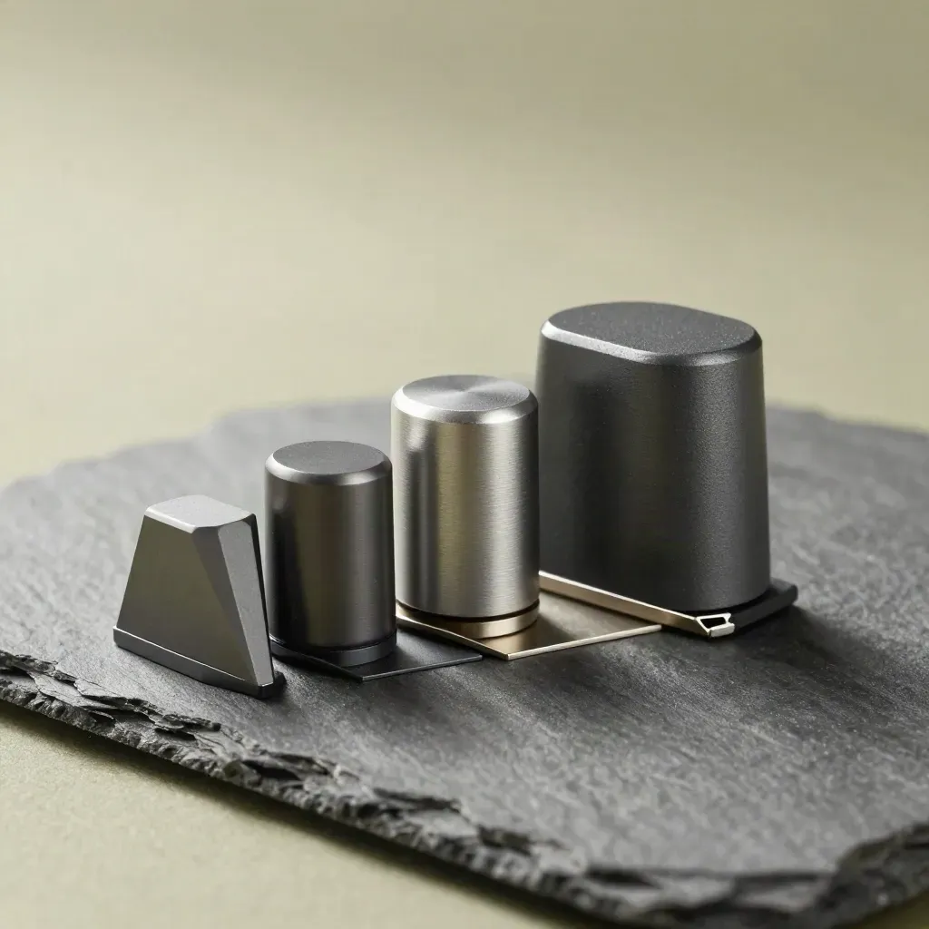 Three anodized cargo markers and a divider wedge on a slate stone surface, side-lit in close macro.