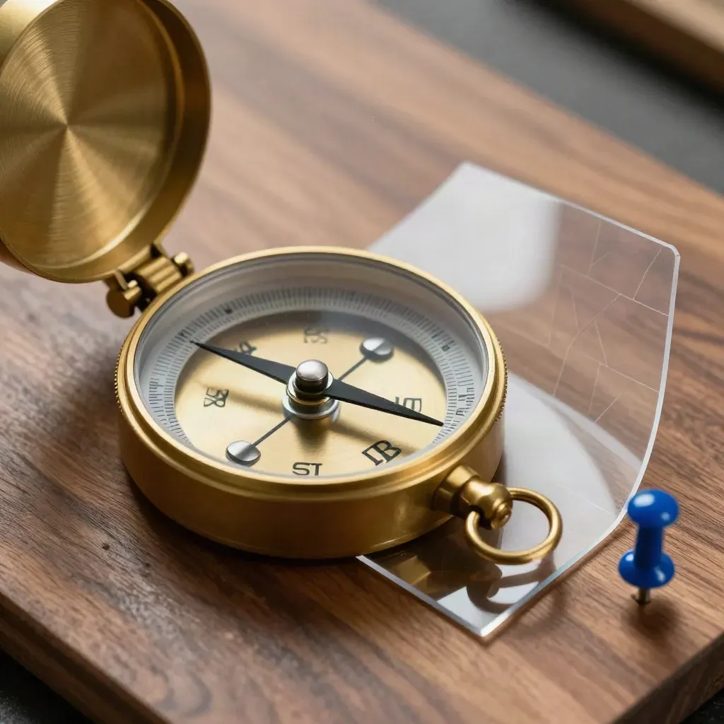 Brass compass, magnetic pins and clear alignment sheet on walnut, shot in tight macro.