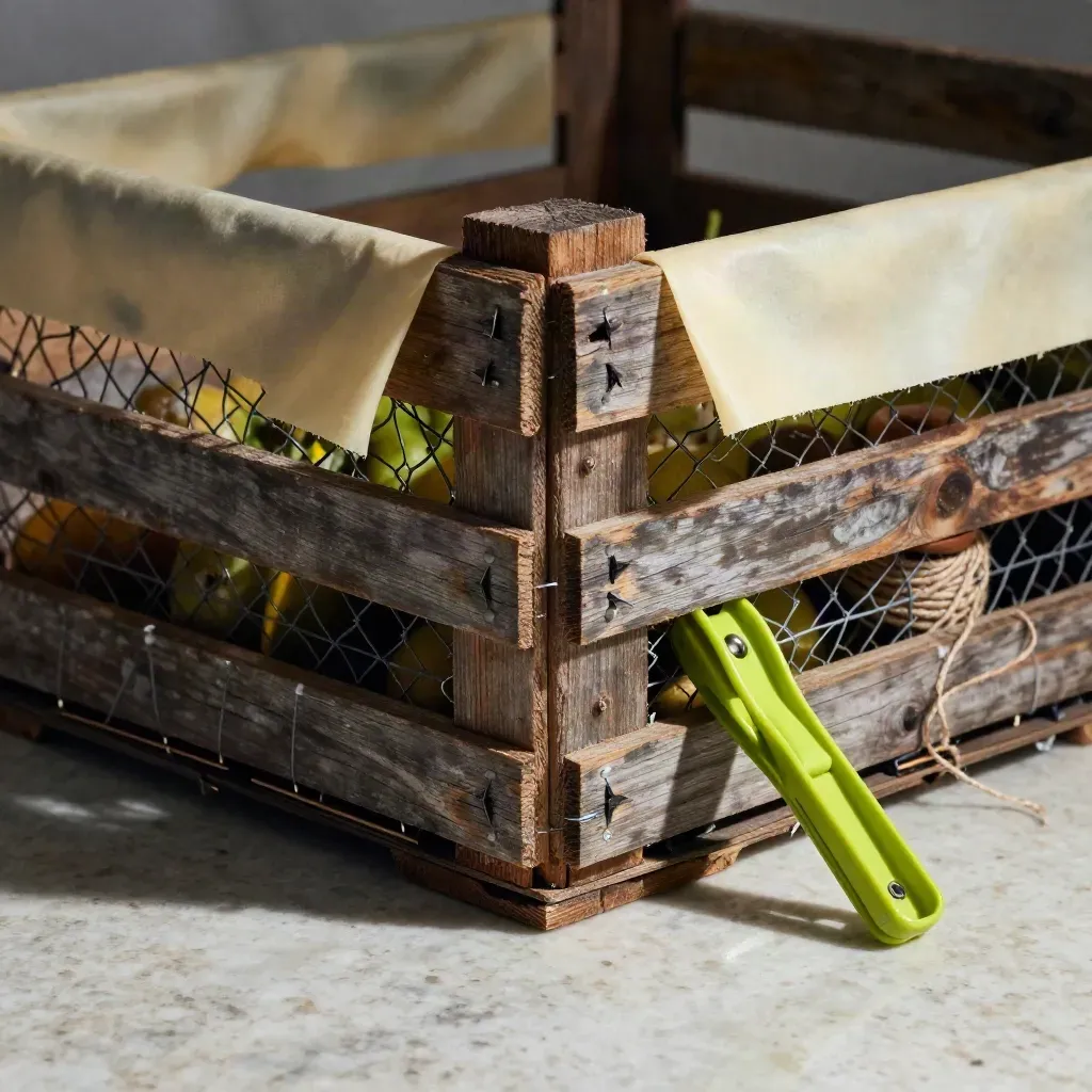Produce crate corner with liner sheet, twine spool, and lime clip under dramatic light.