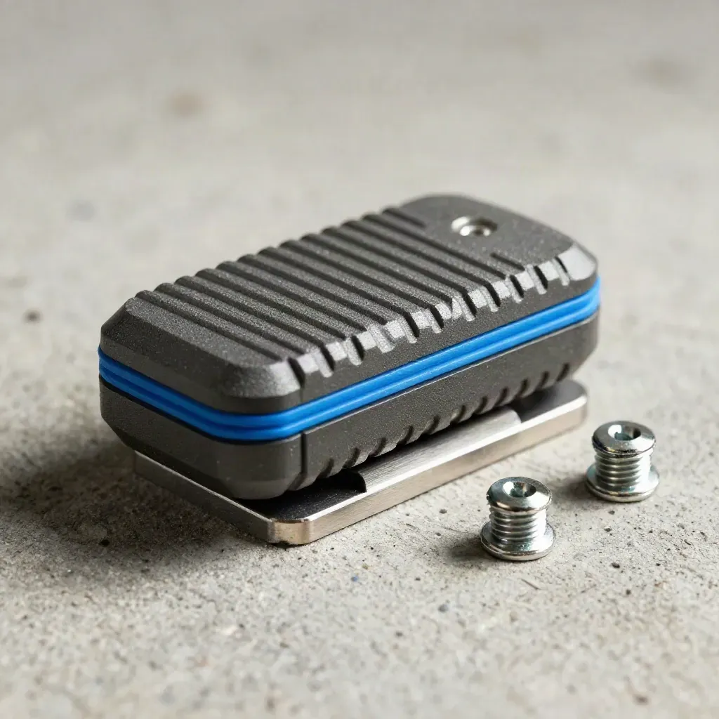 Macro of a GPS beacon puck snapped into a magnetic mount beside two steel screws.