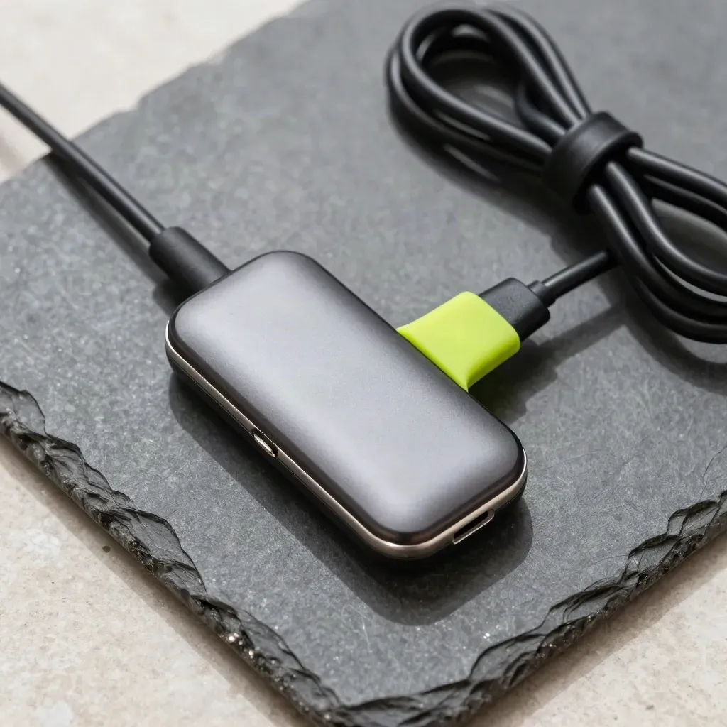 Bluetooth route key docked beside a coiled cable on graphite stone, lit by soft daylight.
