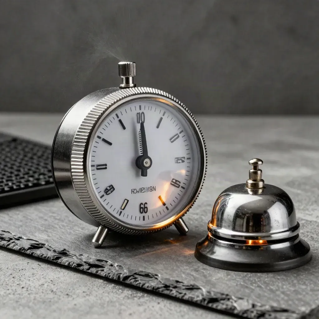 Countdown timer, service bell and amber lens cap on concrete in dramatic studio light.