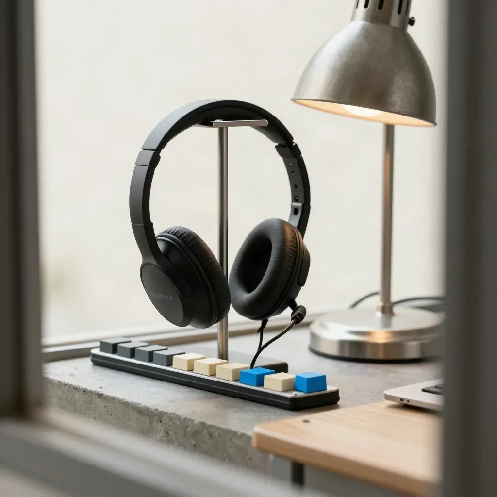 Headset on stand beside route chips, clip rail and lamp base in a dispatch work cluster.