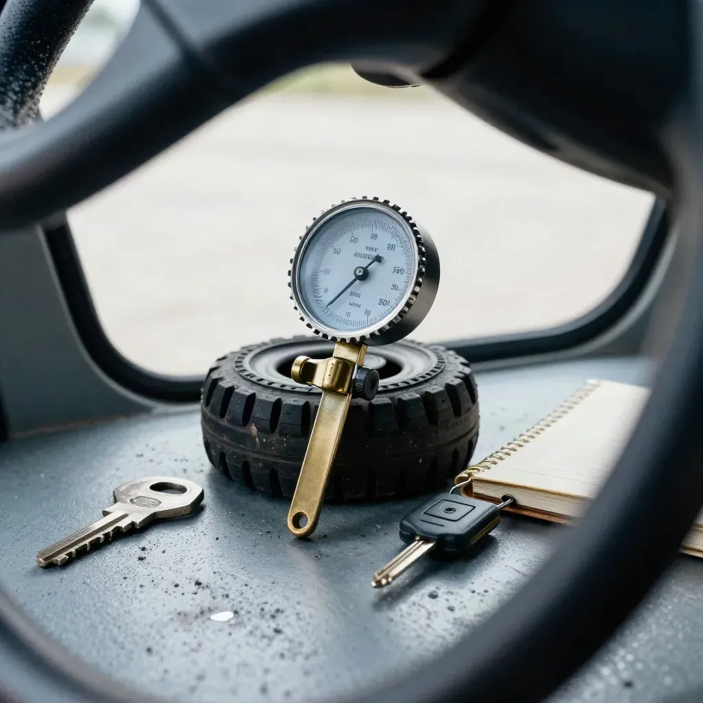 Tire tread gauge and wheel chock with keys and clasped logbook in a hazy garage close-up.