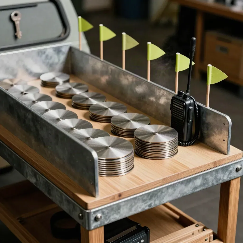 Route ops tools in dramatic light: divider blocks, timing discs, radio, and stop flags.