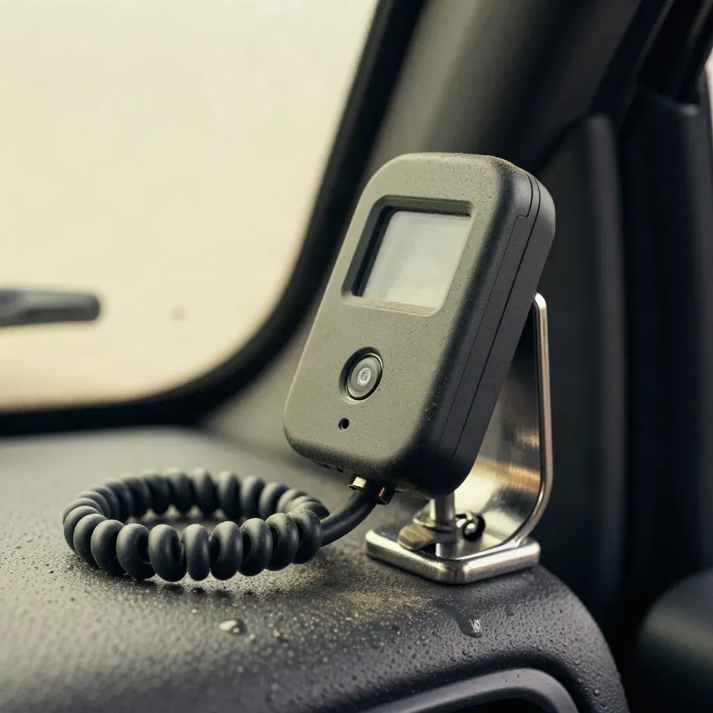 Telematics beacon, mirror mount bracket and coiled charging lead inside a truck cab.
