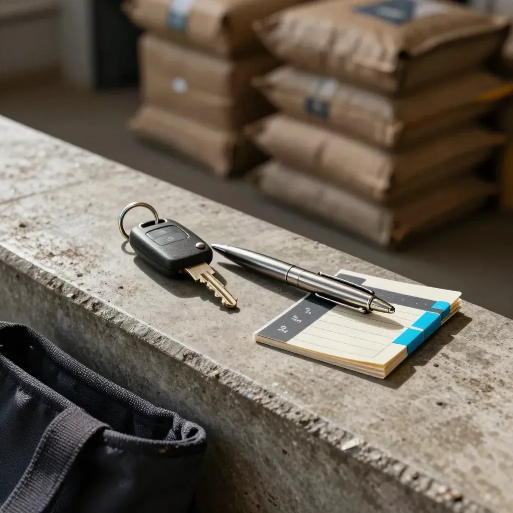 Dispatch key fob, steel pen, and route markers on a concrete depot ledge with moody warehouse bokeh.