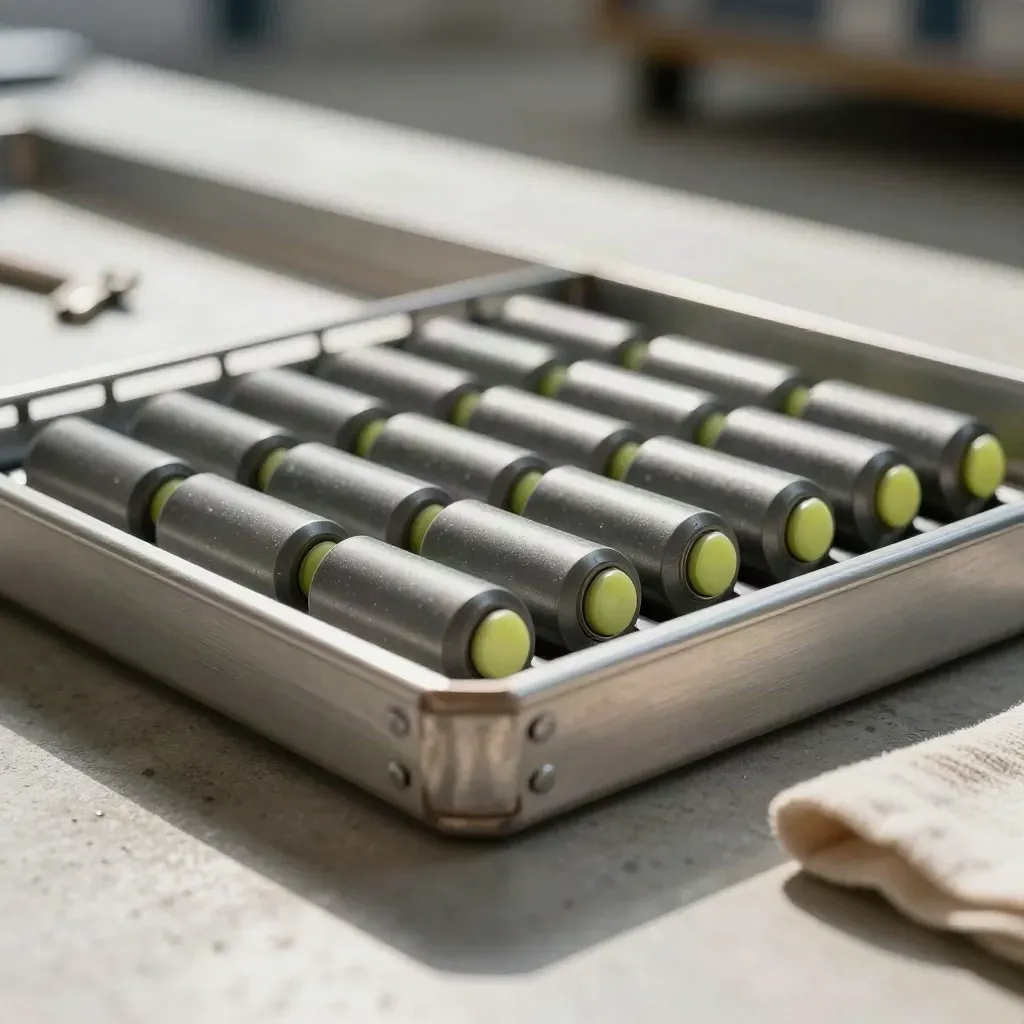 Top-down close-up of route markers in an aluminum tray with lime accents and cloth blur.