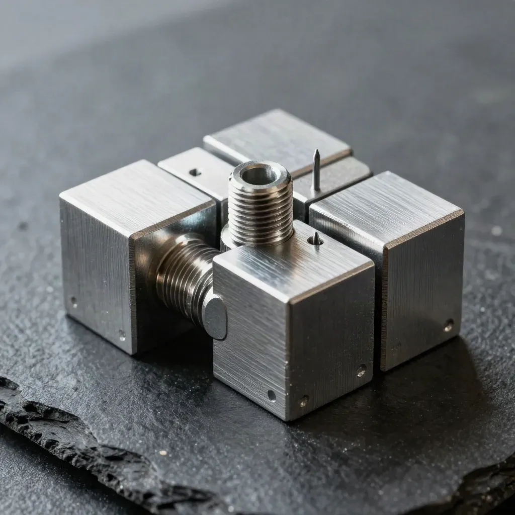 Aluminum blocks and a threaded coupler on dark stone, lit dramatically