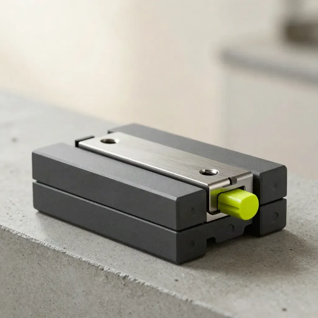 Macro modular graphite connector blocks and hinge plate with lime accent on concrete