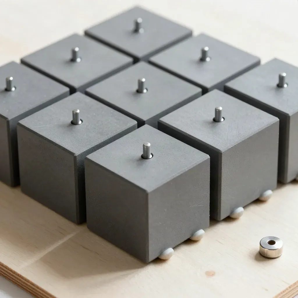 Overhead grid of graphite blocks and connector pins on pale wood, lit by soft daylight.