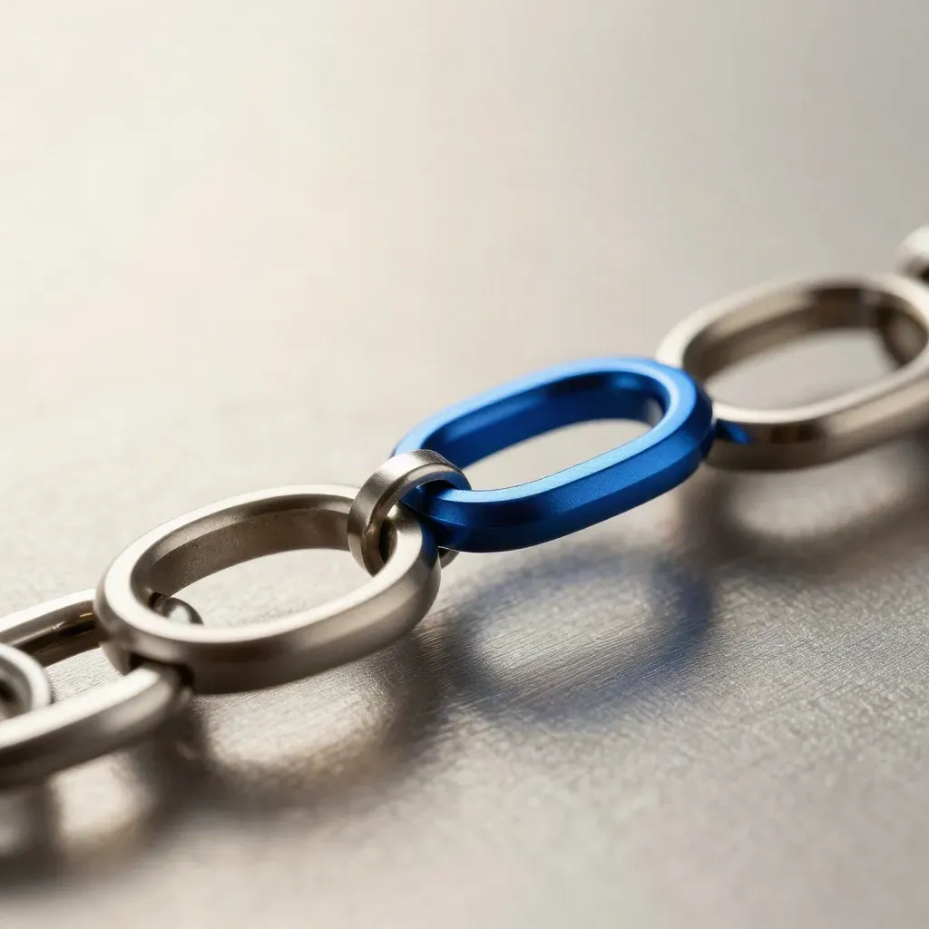 Linked metal rings with a spring clasp and blue spacer on brushed metal, in extreme macro.