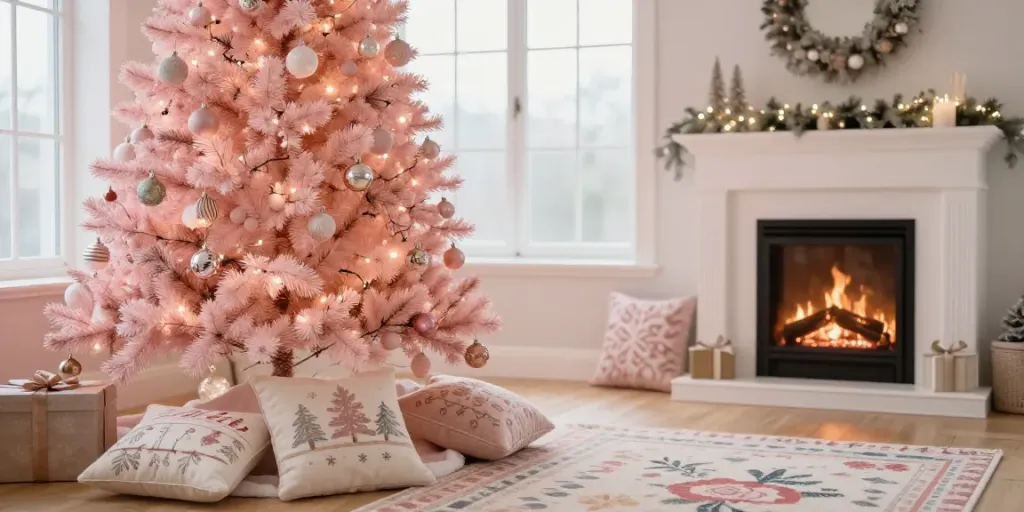 Beautifully decorated light pink Christmas tree in a cozy holiday setting