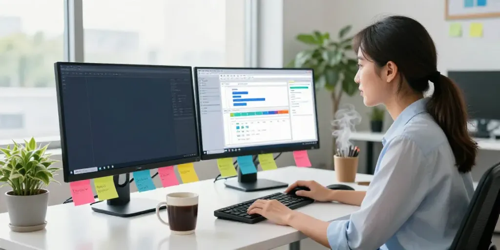 Creating engaging Twitter posts using AI tools in a vibrant office workspace.